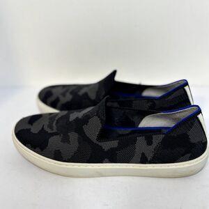 Rothy's The Sneaker Camo Knit Slip-On Shoes Black Grey Blue Trim Womens